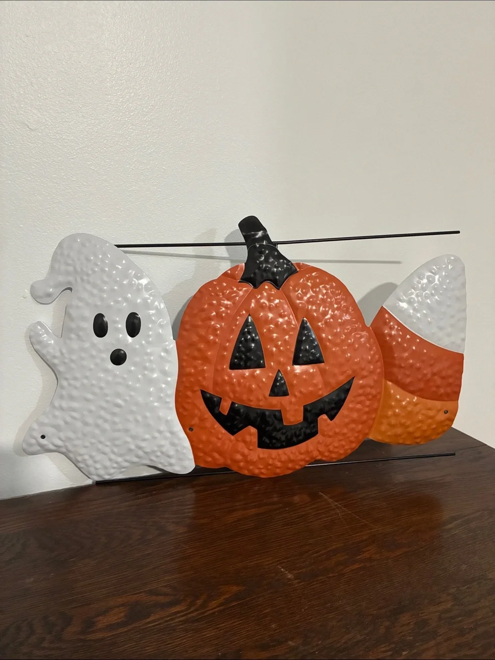 NWT-Metal Halloween Yard Stake Sign w/ Ghost, Jack-o-lantern & Candy Corn 26x20